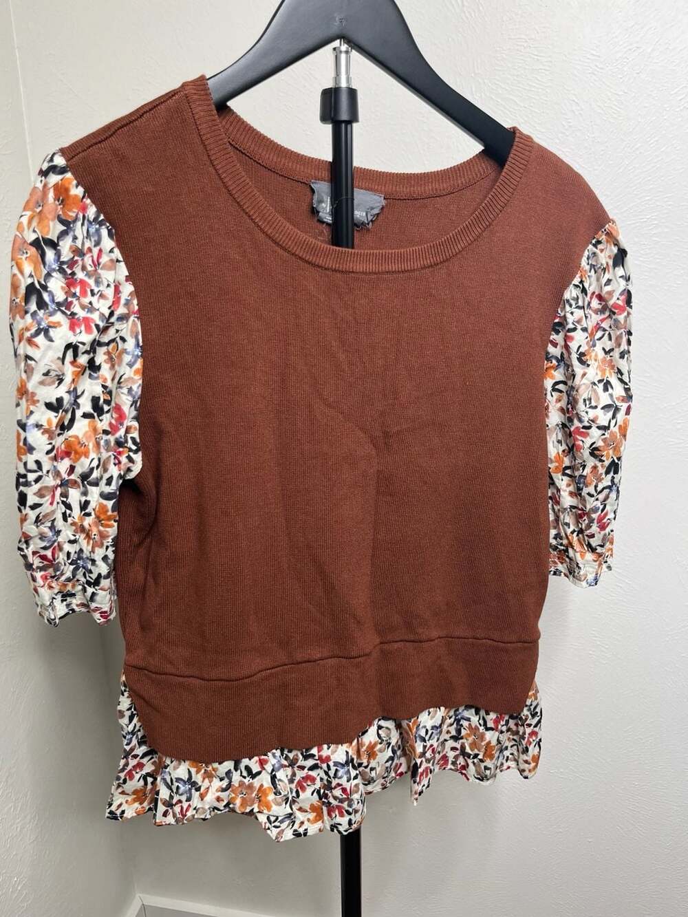 Anthropologie Brown Sweater Floral Puff Sleeve Cottagecore Boho Top